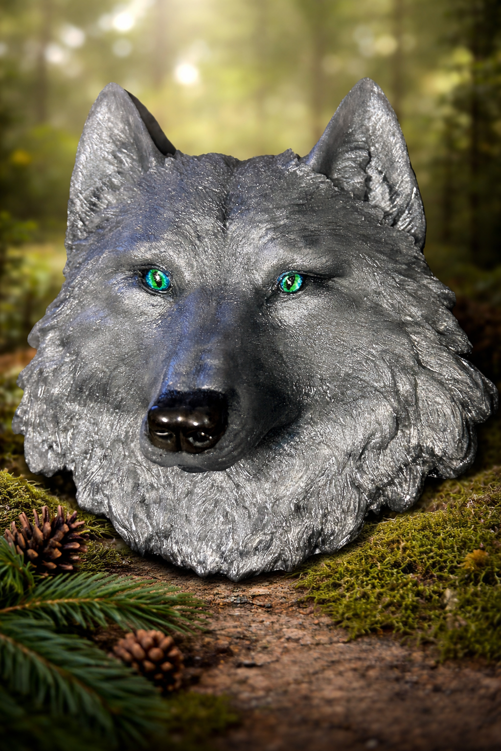 Moonwatcher Silver, a handcrafted resin wolf featuring silver tones and detailed craftsmanship, created by JussJai as part of the Moonwatcher Collection.
