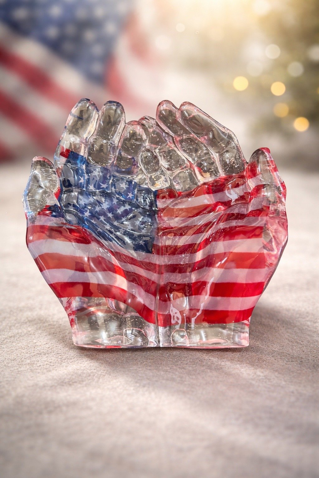 Covered in Grace, a handcrafted resin art piece featuring hands painted with the American flag, symbolizing faith, unity, gratitude, and patriotism, created by JussJai.