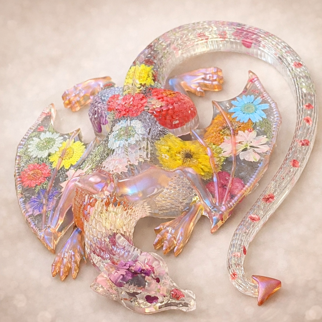 Guardian Bloom, a handcrafted resin dragon adorned with colorful flowers and intricate details, created by JussJai as a one-of-a-kind floral fantasy art piece.