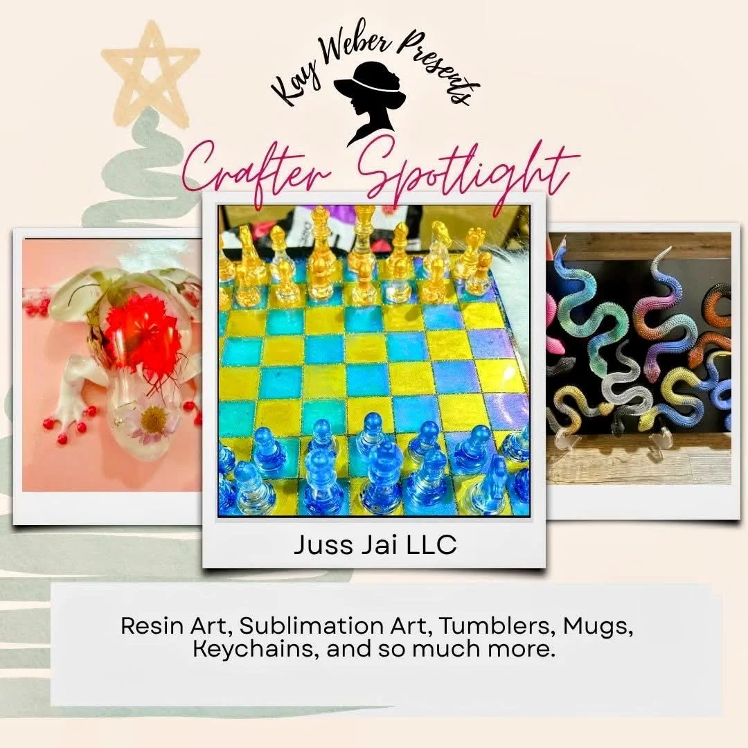 JussJai featured as a Crafter Spotlight vendor showcasing handcrafted resin art and one-of-a-kind creations.