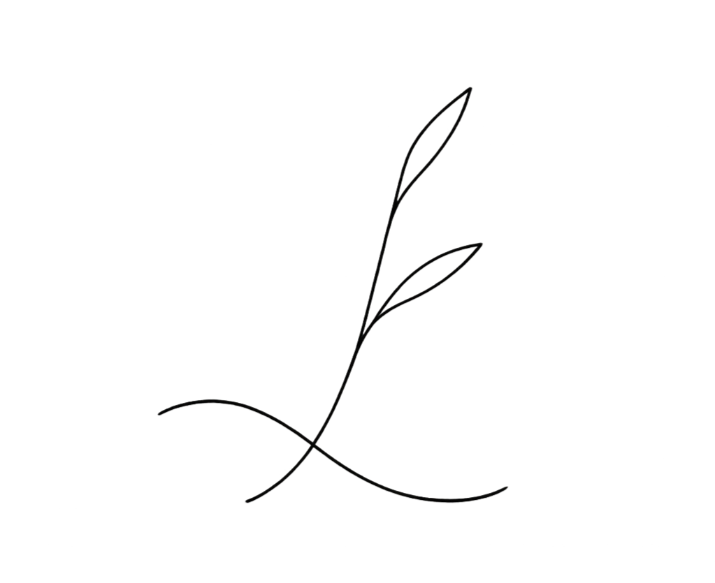 A minimalist, black line art illustration of a stylized leaf with two elongated leaves on a curved stem.