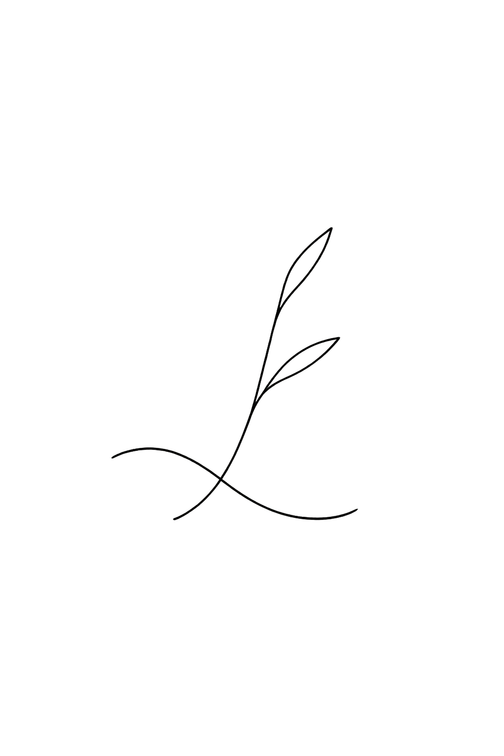 Minimalist line drawing of a plant with two leaves on a curved stem, against a black background.