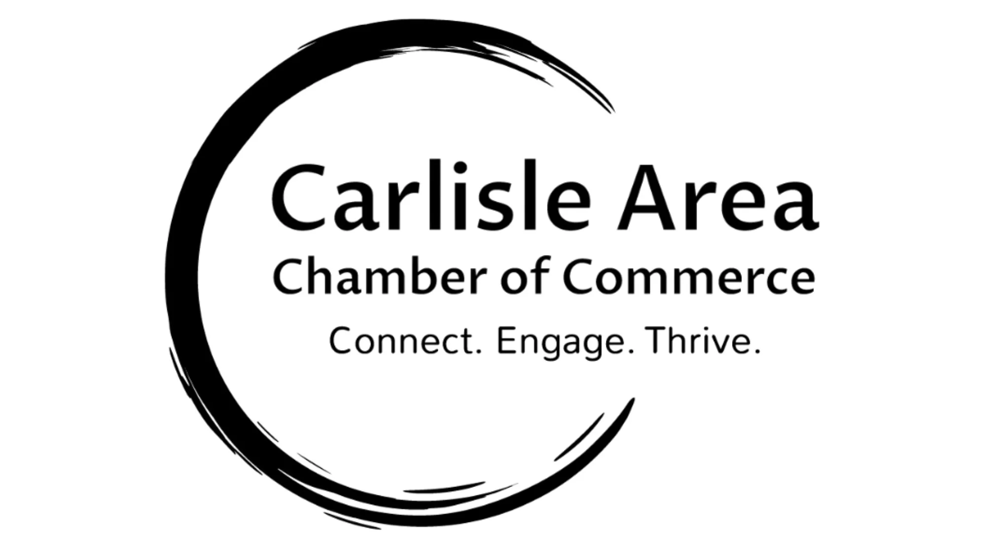 Black circular brush stroke surrounds the text 'Carlisle Area Chamber of Commerce' with the tagline 'Connect. Engage. Thrive.' underneath.