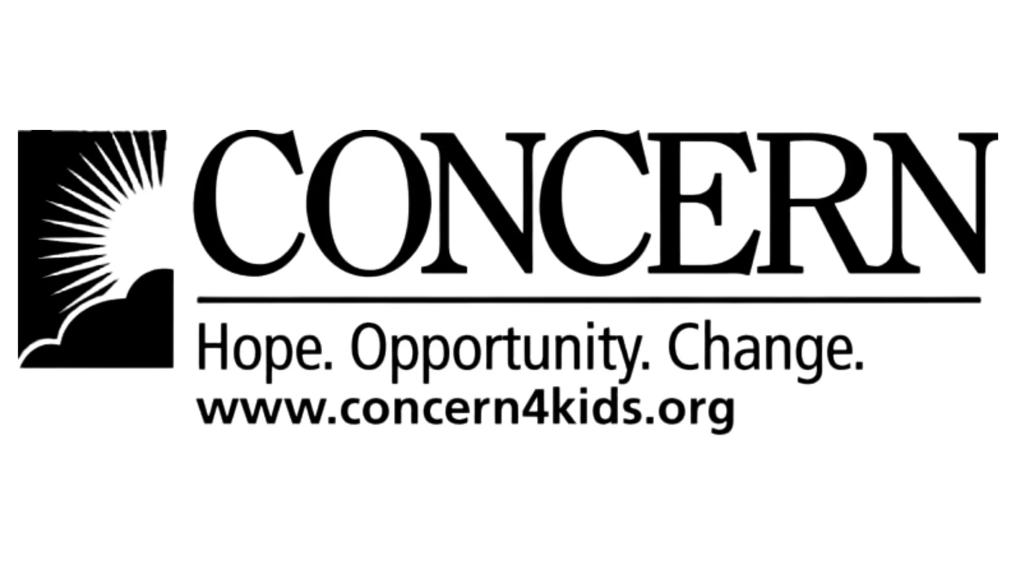 Logo for Concern featuring a stylized sun over a hill, with the words "CONCERN" and the tagline "Hope. Opportunity. Change." and the website address www.concern4kids.org.