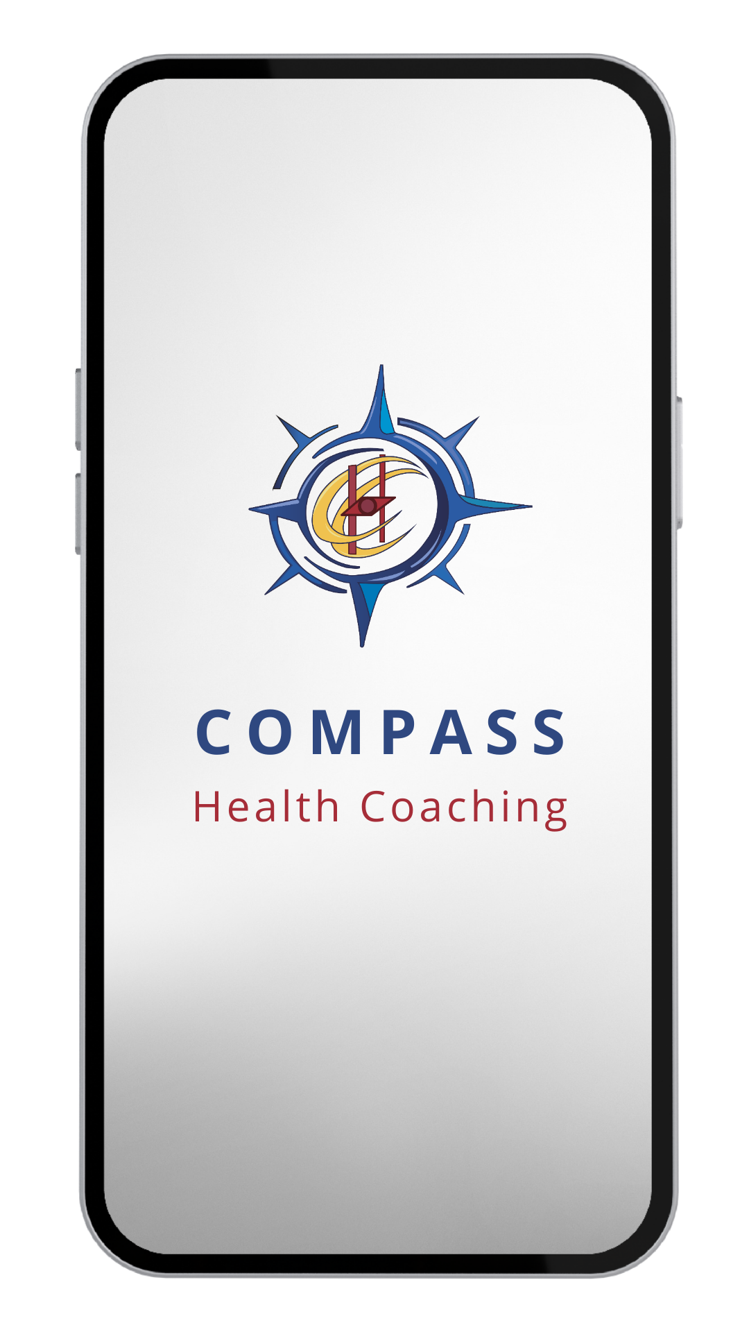 Smartphone displaying the logo for Compass Health Coaching which is personalized weight loss coaching designed to help clients feel like themselves again