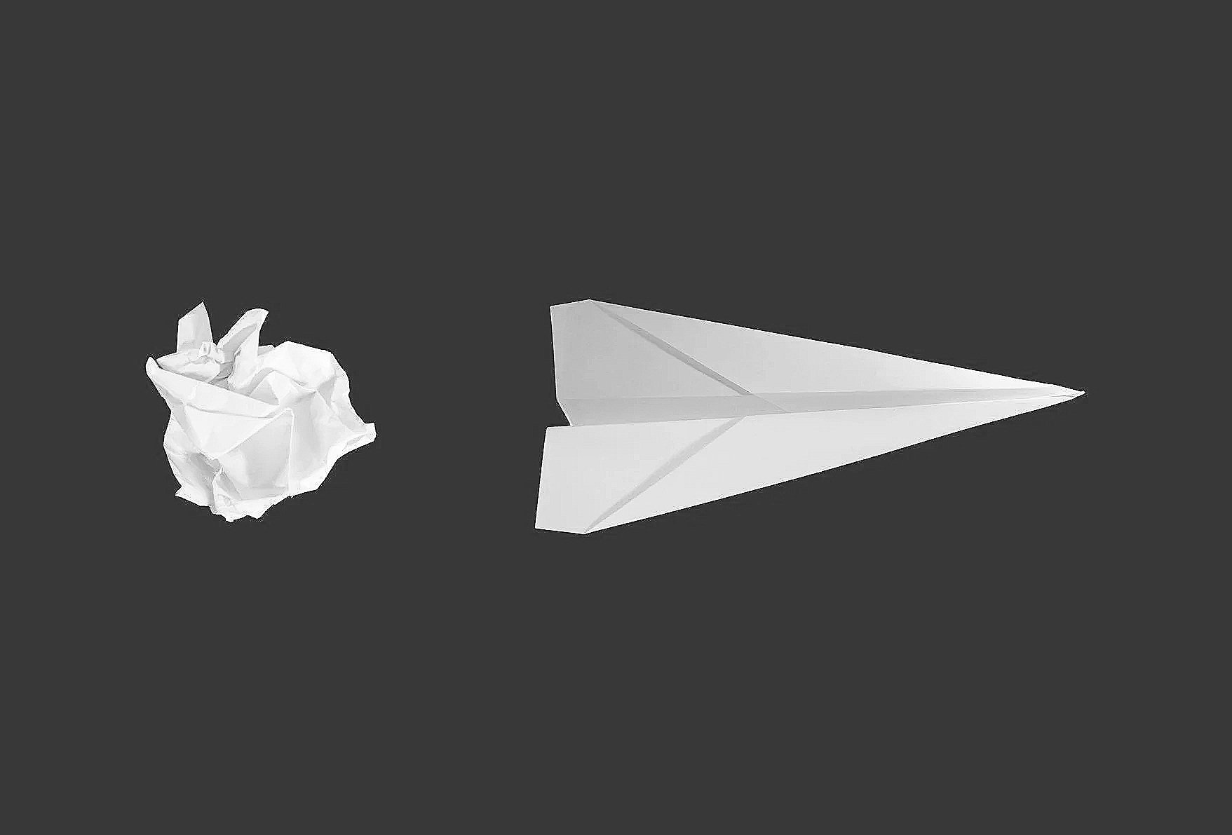 An image showing a crumpled piece of paper on the left and a paper airplane on the right on a dark background.