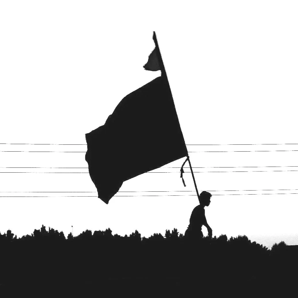 A person walking outdoors carrying a large black flag on a pole, with power lines and trees in the background, silhouetted against the sky.