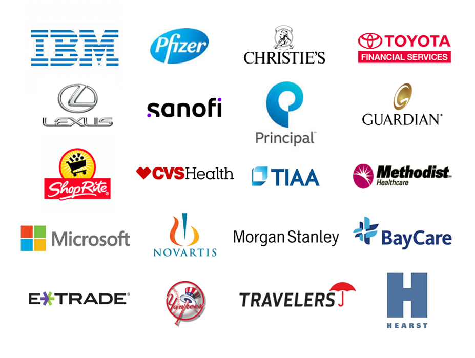 Various corporate logos arranged in a grid. Logos include IBM, Pfizer, Christie's auction house, Toyota Financial Services, Lexus, Sanofi, Principal, Guardian, CVS Health, TIAA, Methodist Healthcare, ShopRite, Microsoft, Novartis, Morgan Stanley, BayCare, E*TRADE, the New York Yankees, Travelers, Hearst, and others.