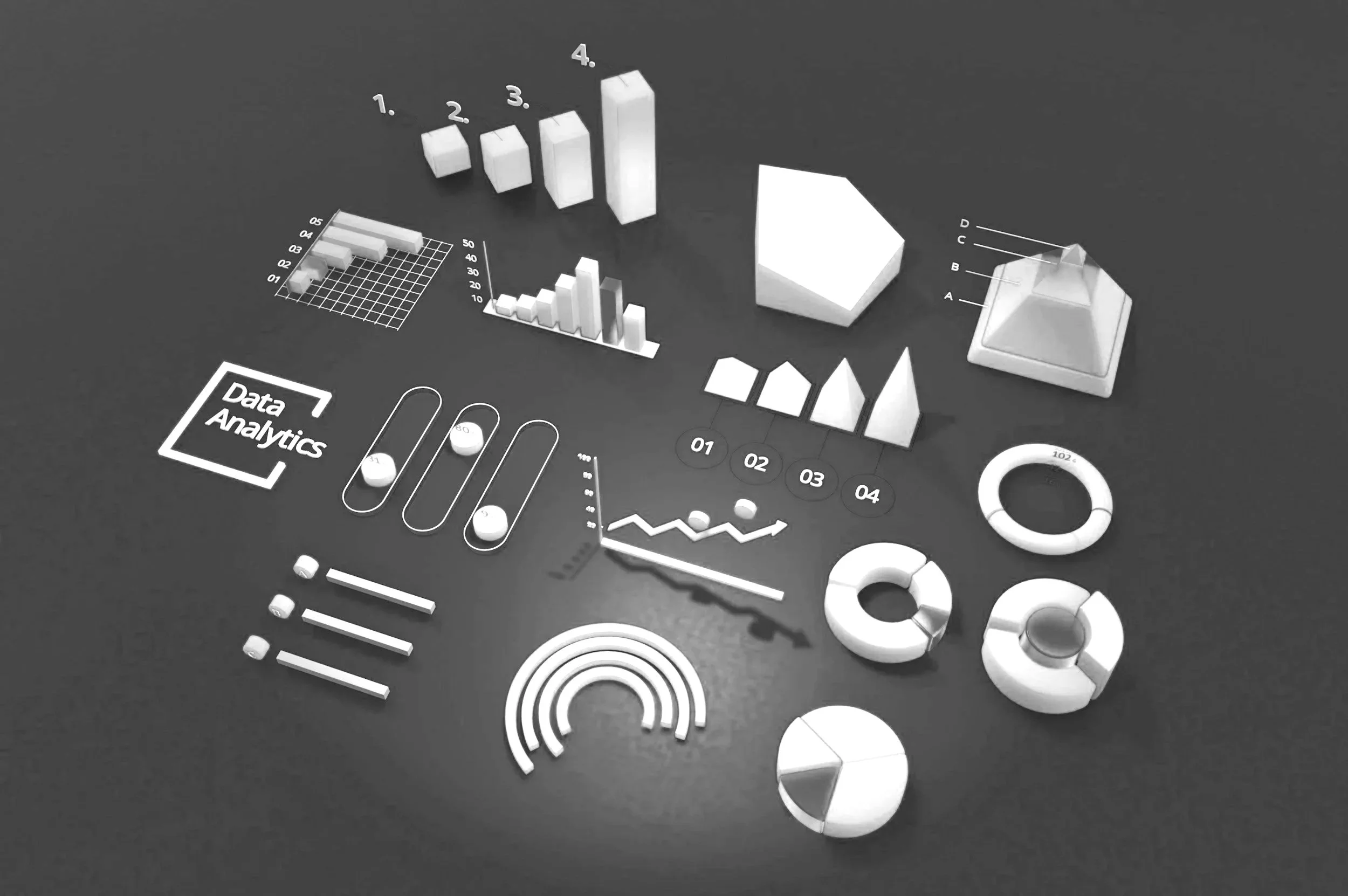 Black background with various white data visualization objects including bar graphs, pie charts, donut charts, 3D geometric shapes, and labeled infographics related to data analytics.