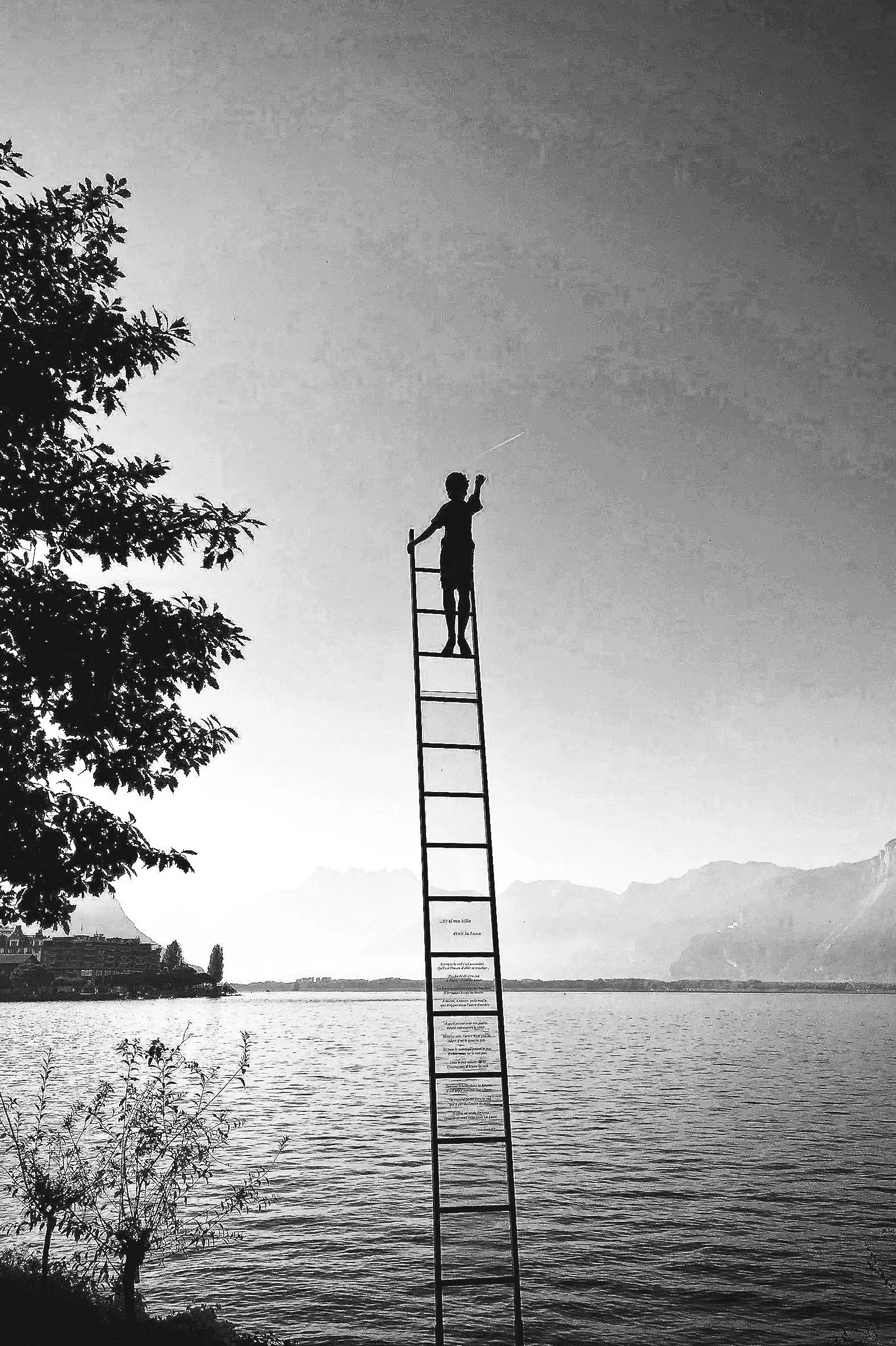 Silhouette of a person standing at the top of a tall ladder near a body of water, reaching with one hand toward the sky, with distant mountains and a tree in the foreground.