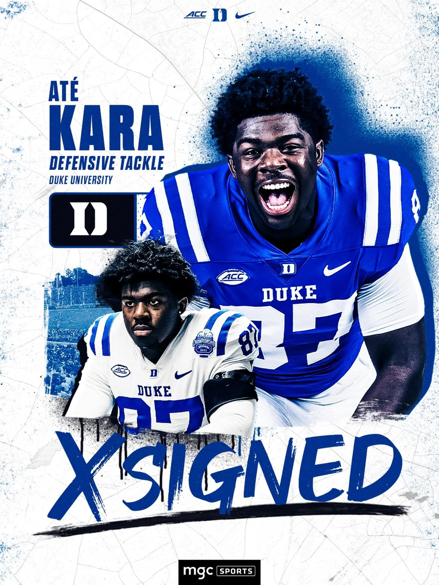 At&eacute; Kara, a redshirt freshman DL @ Duke University, has officially signed a representation agreement with MGC Sports. 
 
The 6&rsquo;5&rdquo; 290 lb Loganville, Georgia native, made his collegiate debut against Elon in the team&rsquo;s 2025 se