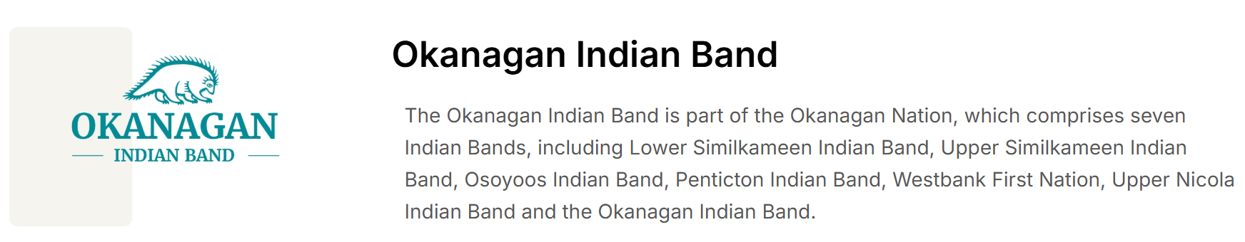 Logo of the Okanagan Indian Band featuring a stylized animal, with text describing the band and its member Indian Bands.  Head of the Lake Road north Okanagan Lake district. TK Glamping and Wellness in Vernon BC.