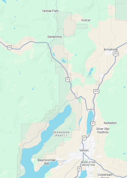 Map of the Okanagan region in British Columbia, Canada, showing towns like Vernon, Kelowna, and Peachland with major roads like Highway 97.