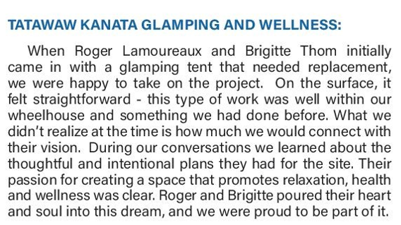 A page of text discussing glamping and wellness activities at TATAWAW KANATA, mentioning Roger Lamoureux and Brigitte Thom and their philosophical approach to creating a relaxing environment. TK Glamping and Wellness in Vernon BC.