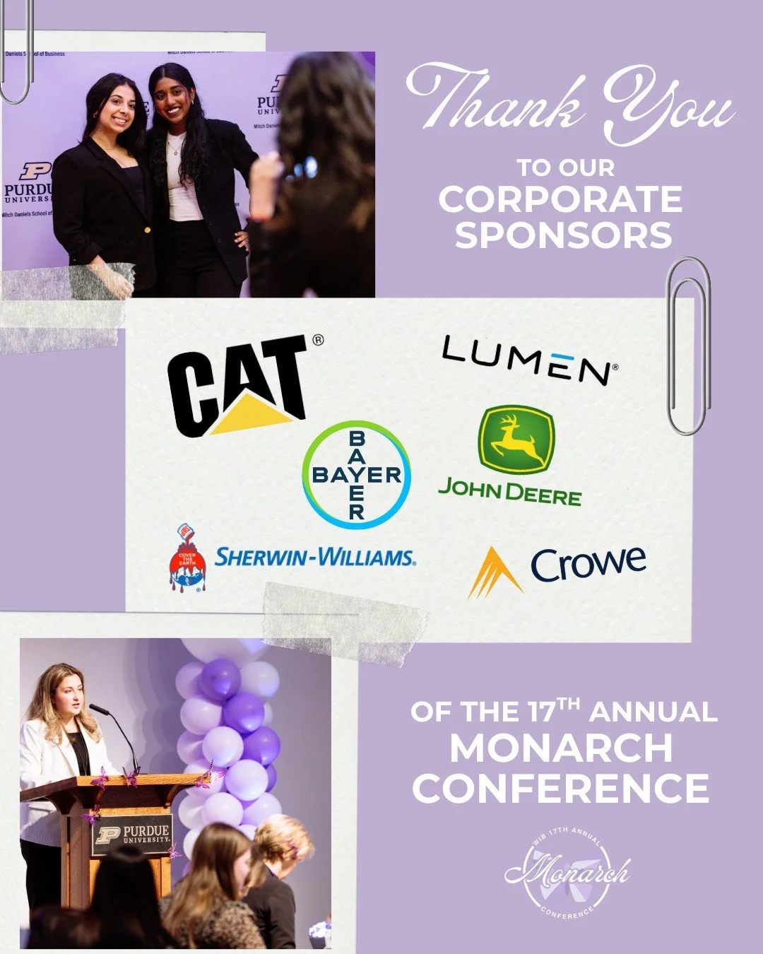 A huge thank you to our corporate sponsors for their support of the upcoming 17th Annual Monarch Conference! 🦋

We are so grateful to Caterpillar, Lumen, Bayer, John Deere, Sherwin-Williams, and Crowe for investing in the next generation of leaders 