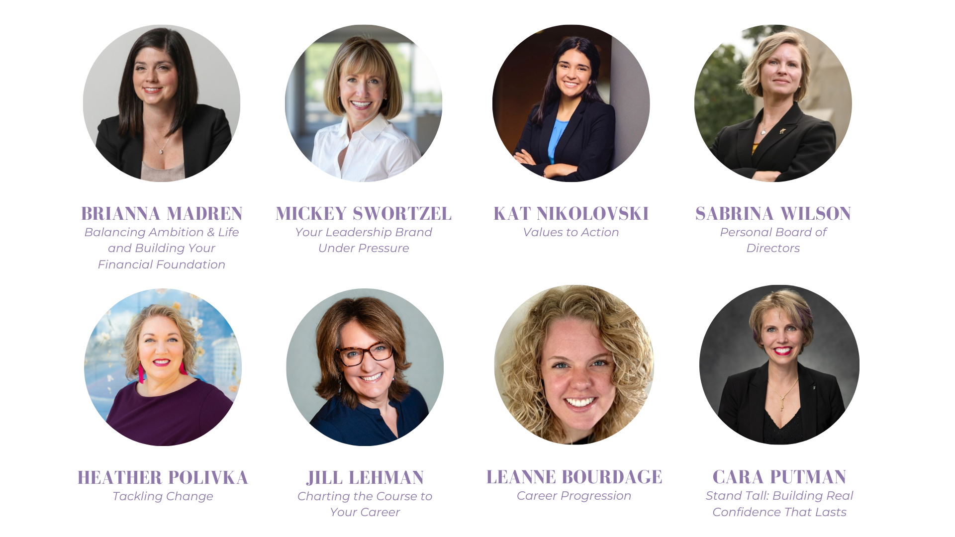 Group photo of nine diverse women, smiling, in professional attire, with some standing outdoors and others indoors in front of neutral backgrounds.