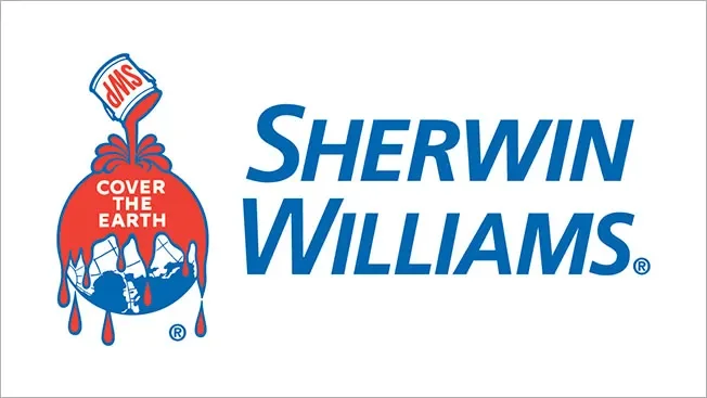 Sherwin Williams logo with a paint can pouring red paint over a globe, and the slogan 'Cover the Earth'.