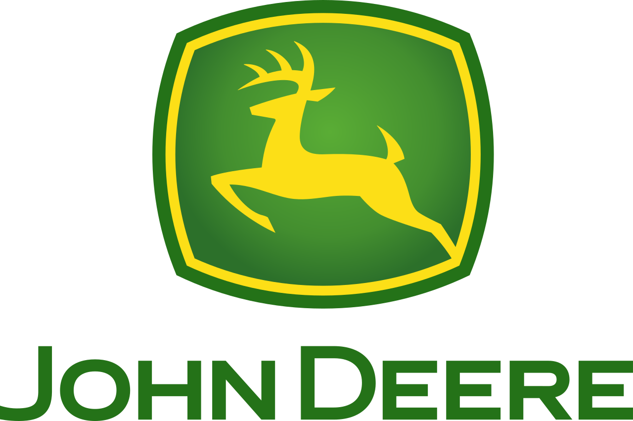 John Deere logo featuring a leaping deer inside a shield with a green background and yellow border.