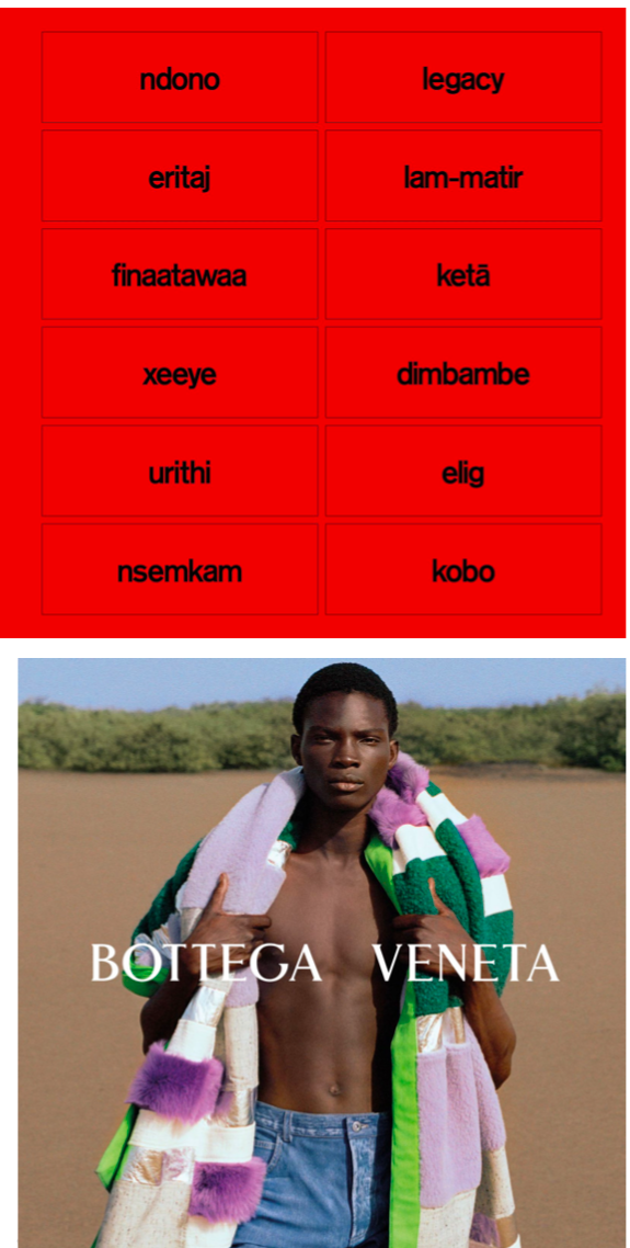 Une image divisée en deux parties : la partie supérieure montre une grille rouge avec des mots en anglais, et la partie inférieure montre un homme debout dans un paysage désertique, portant un grand drap coloré et la marque de mode 'Bottega Veneta'.