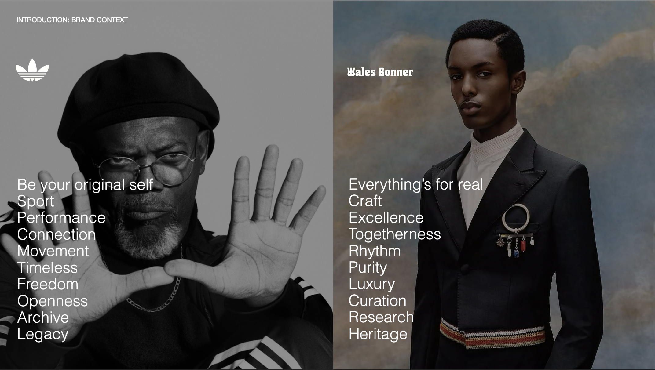 Une image divisée en deux parties. À gauche, un homme noir en noir et blanc portant un beret noir et des lunettes, faisant un geste avec la main. À droite, un jeune homme noir en costume avec un fond de ciel nuageux.