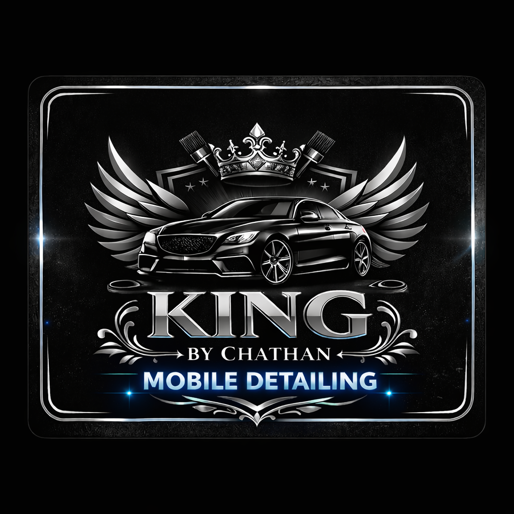 A logo for King by Chathan Mobile Detailing features a black luxury car with wings, a crown, and paintbrushes, with a dark starry background.