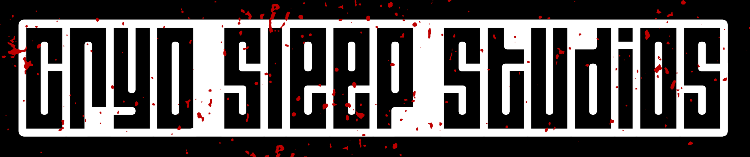 A caution sign with black maze-like lettering on a white background, with red splatters resembling blood.