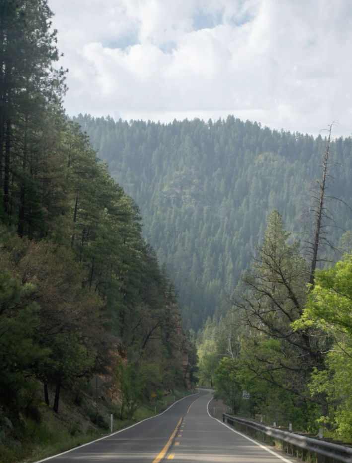 A winding two-lane road through a lush green forested canyon with mountainous terrain in the background and a cloudy sky overhead.