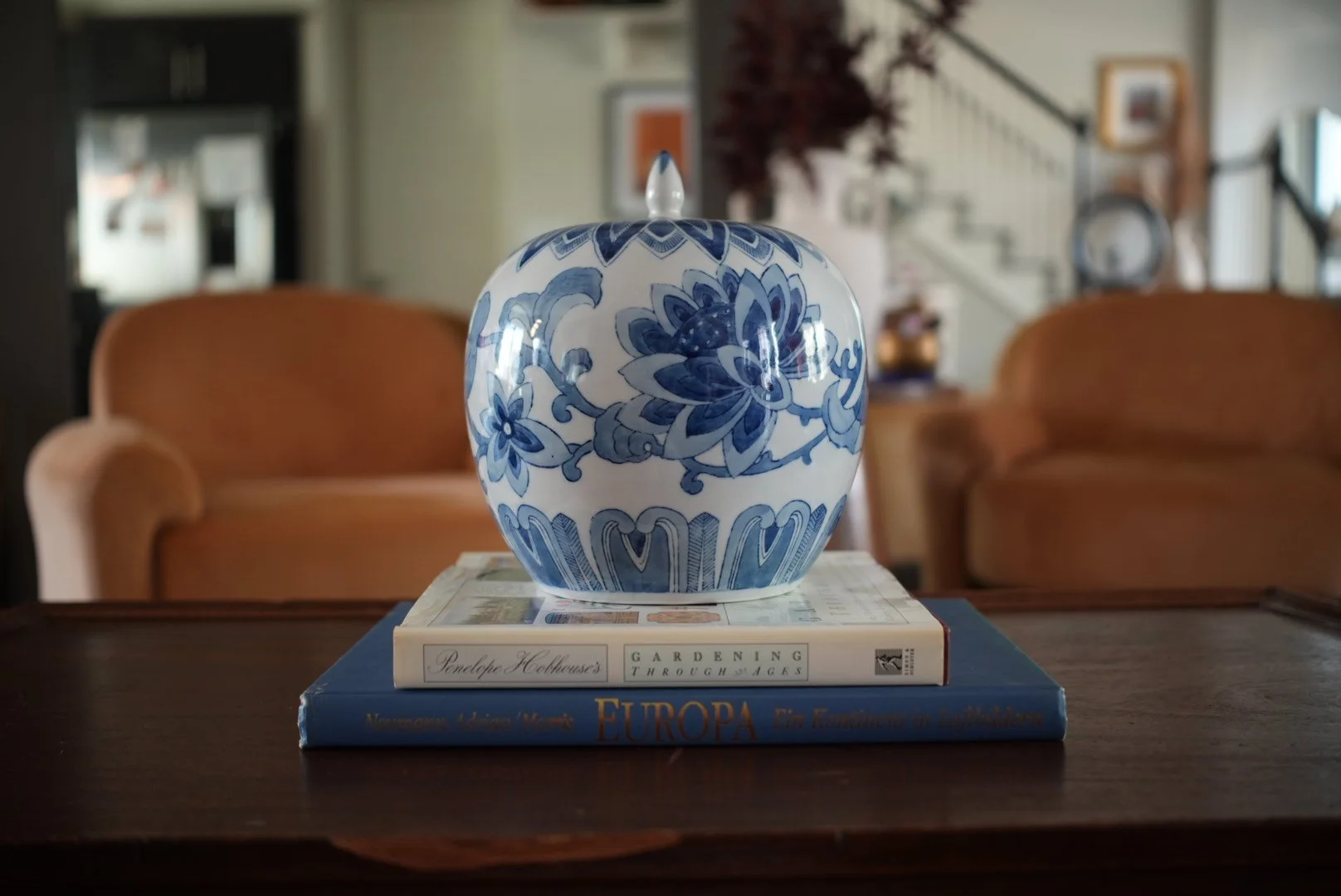 Floral Vine Blue & White Lidded Melon Jar