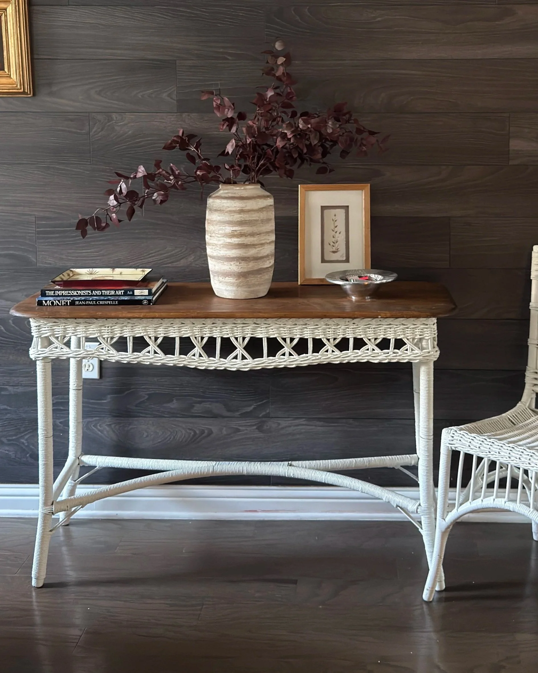 Wicker & Patinated Wood Console Desk