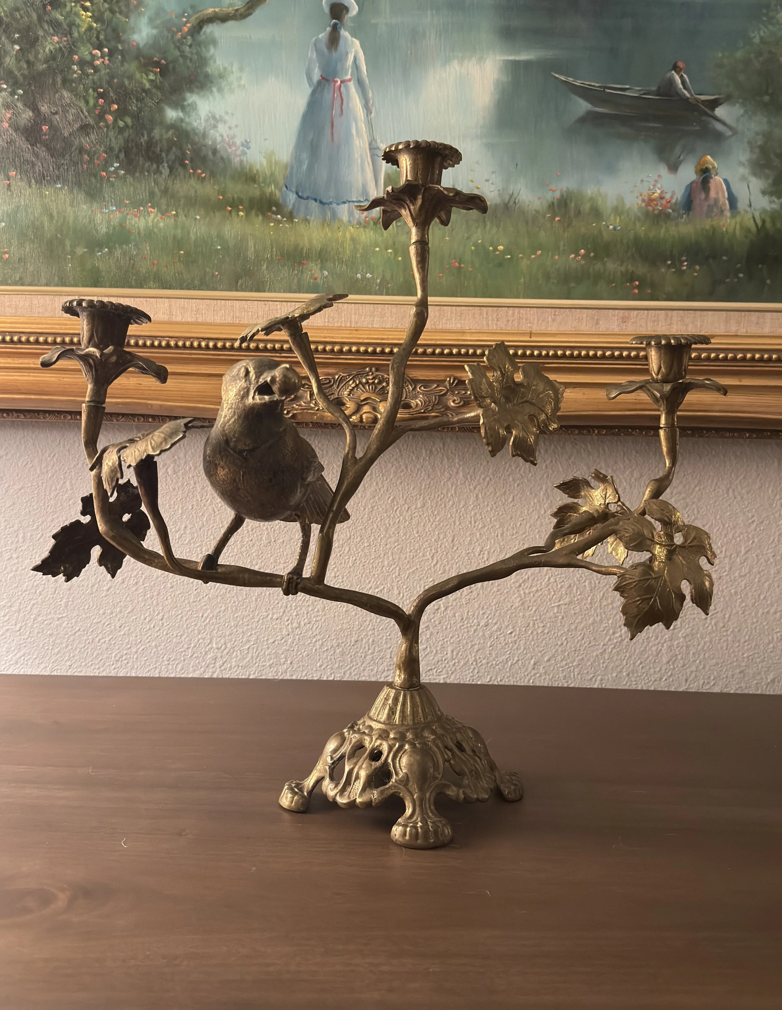 Ornate Nouveau Style Brass Woodland Bird & Acorn Candelabra