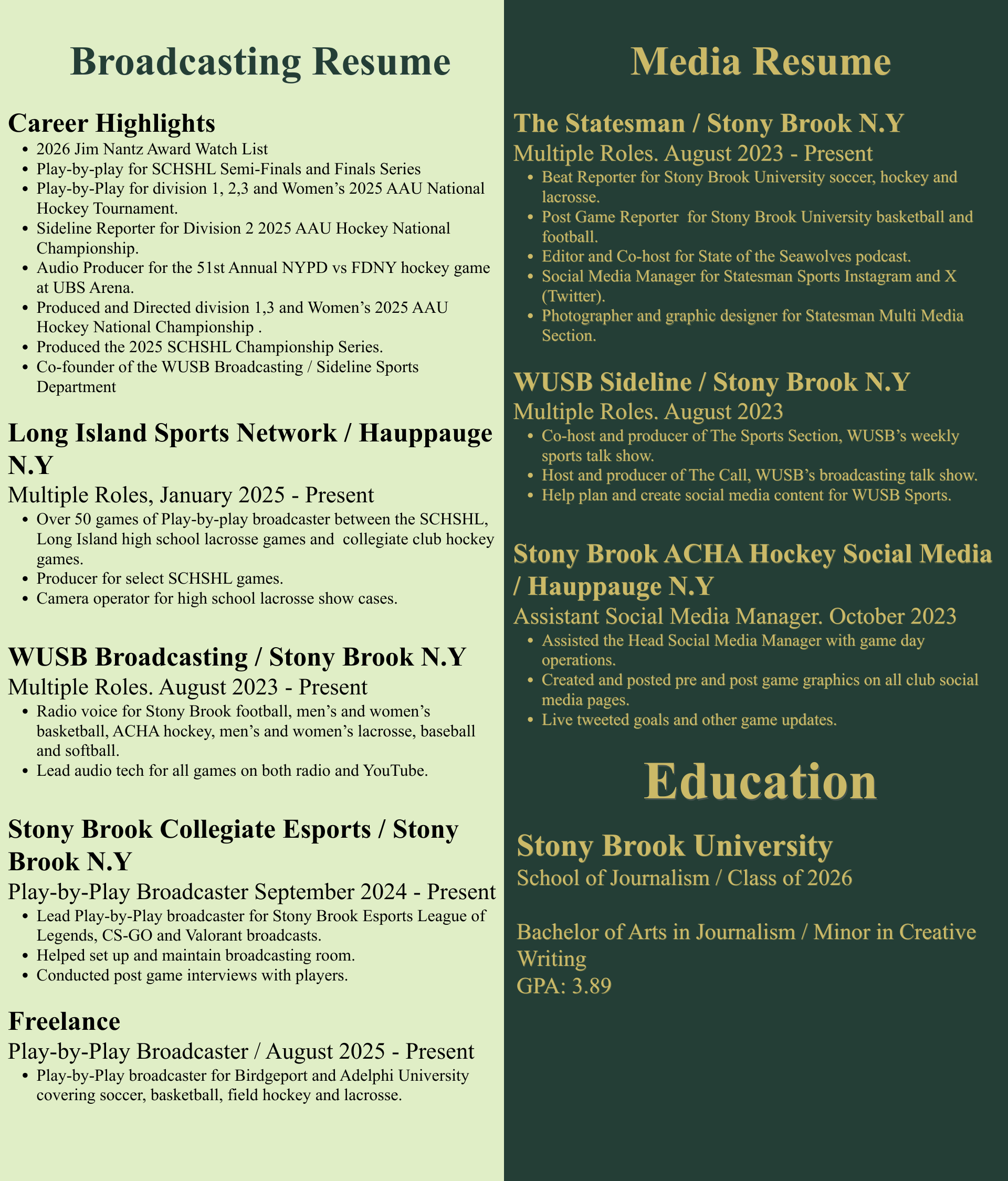 A digital graphic of two side-by-side resume pages. The left page highlights broadcasting career achievements, including awards, sports broadcasting, and college esports. The right page details media roles such as sports reporting, social media management, and education at Stony Brook University with GPA 3.89.