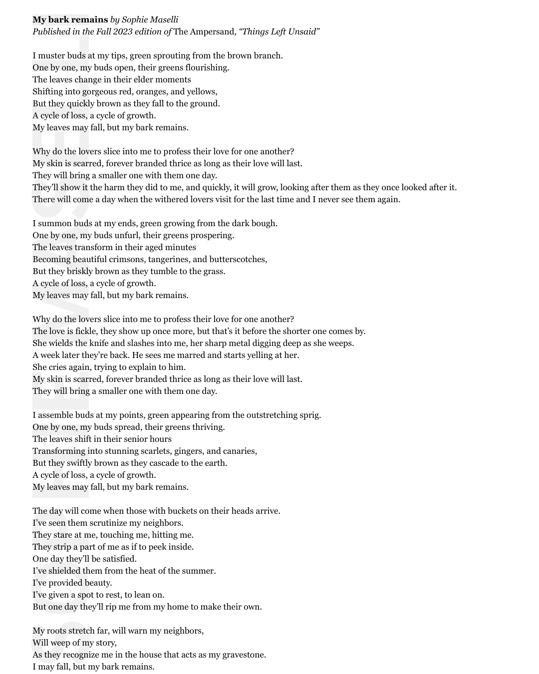 My bark remains 
(Honorable mention of Alpha Chi Omicron's Outstanding Poetry Writing Award: Spring 2024)