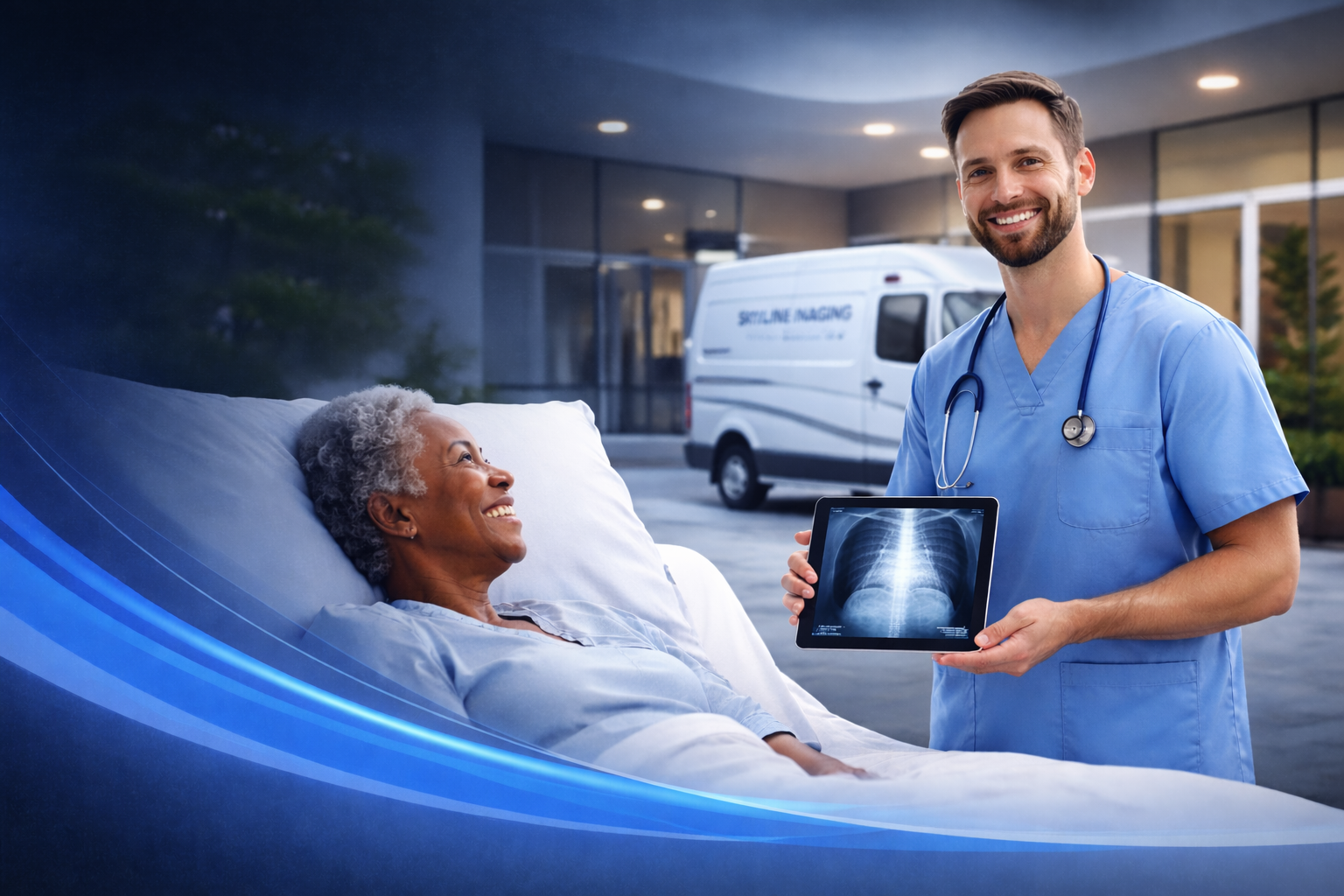 A healthcare professional, wearing blue scrubs and a stethoscope, stands outside a hospital holding an X-ray image, while a patient in a hospital bed looks at him and smiles. The hospital entrance is visible in the background with an ambulance parked outside.