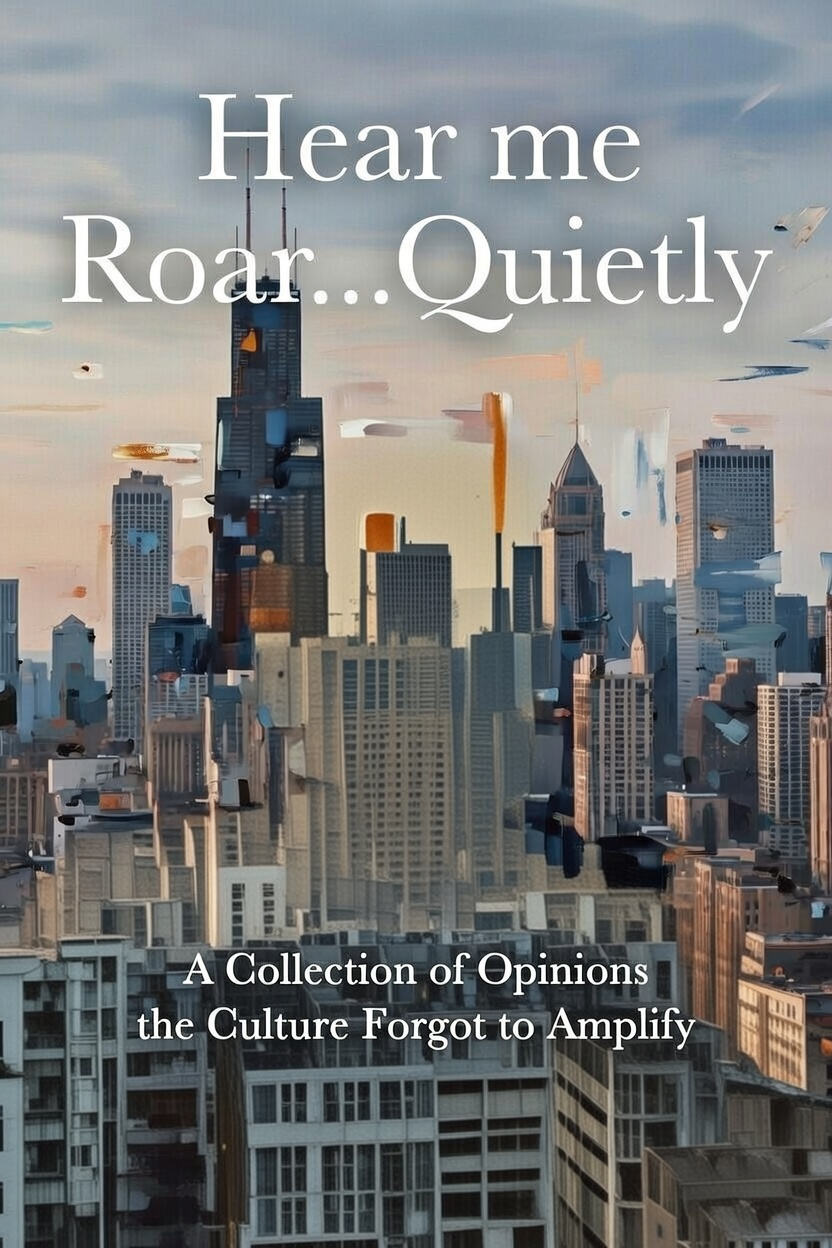 The cover of a book featuring a digital illustration of a city skyline with tall skyscrapers. The title reads "Hear me Roar...Quietly" in large white letters, and the subtitle says "A Collection of Opinions the Culture Forgot to Amplify" in smaller white text.