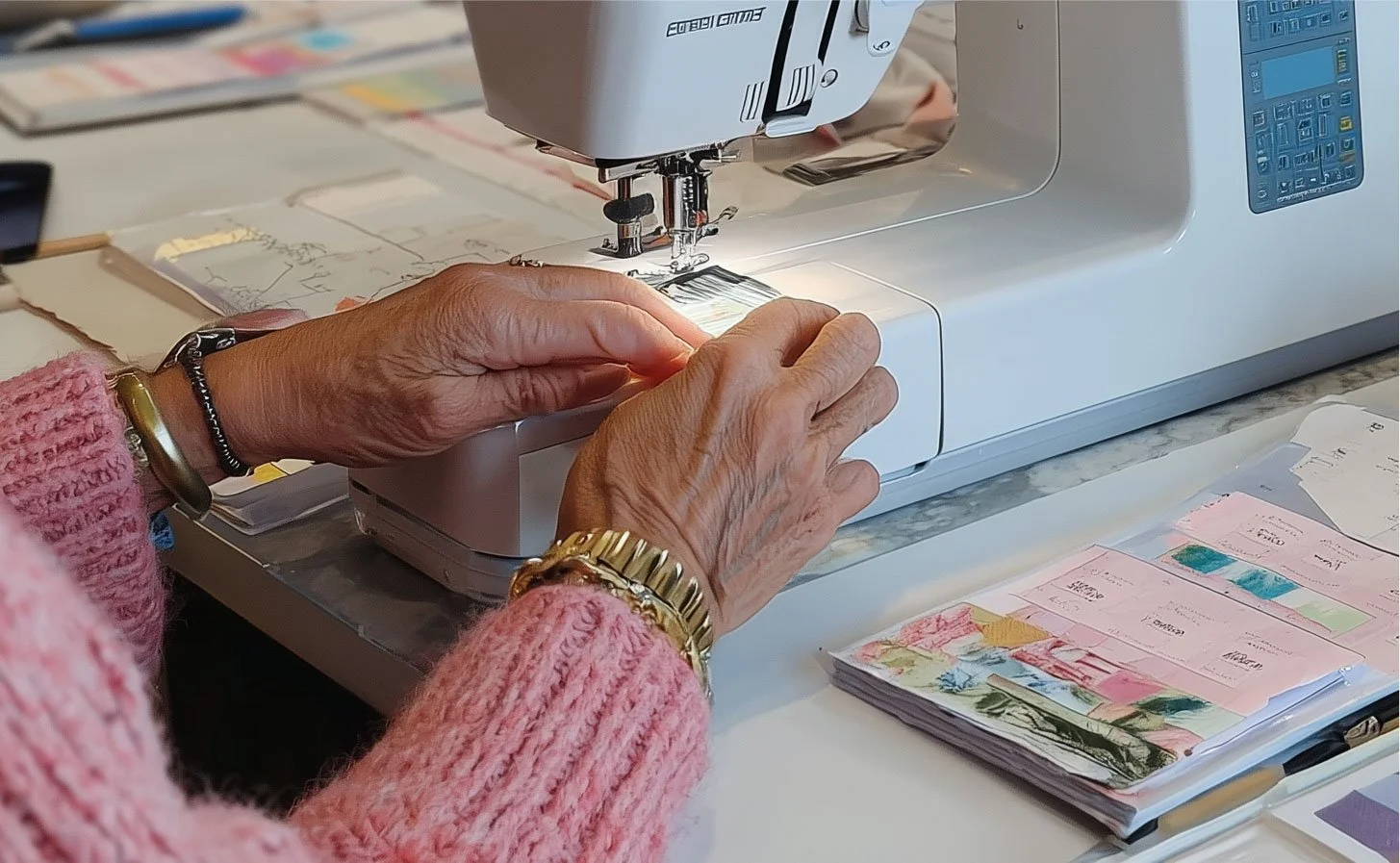 A person's hands sewing fabric with a sewing machine, with colorful fabric swatches on the table.