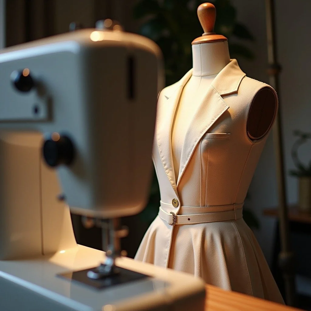 A beige dress form mannequin dressed in a cream-colored blazer with a belt, positioned in a sewing or fashion studio with a sewing machine in the foreground.
