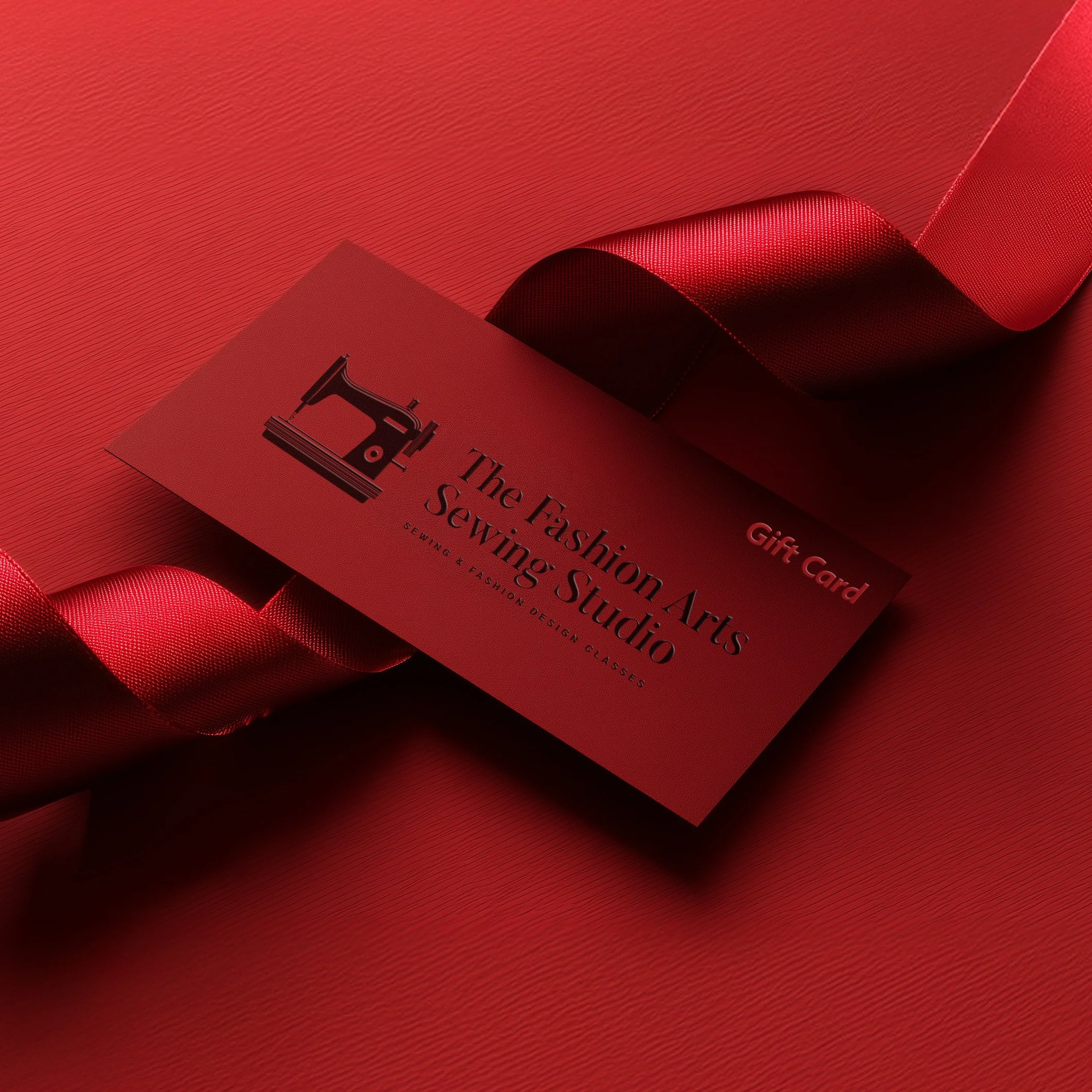 Red gift card for The Fashion Arts Sewing Studio on red textured background with red satin ribbon.