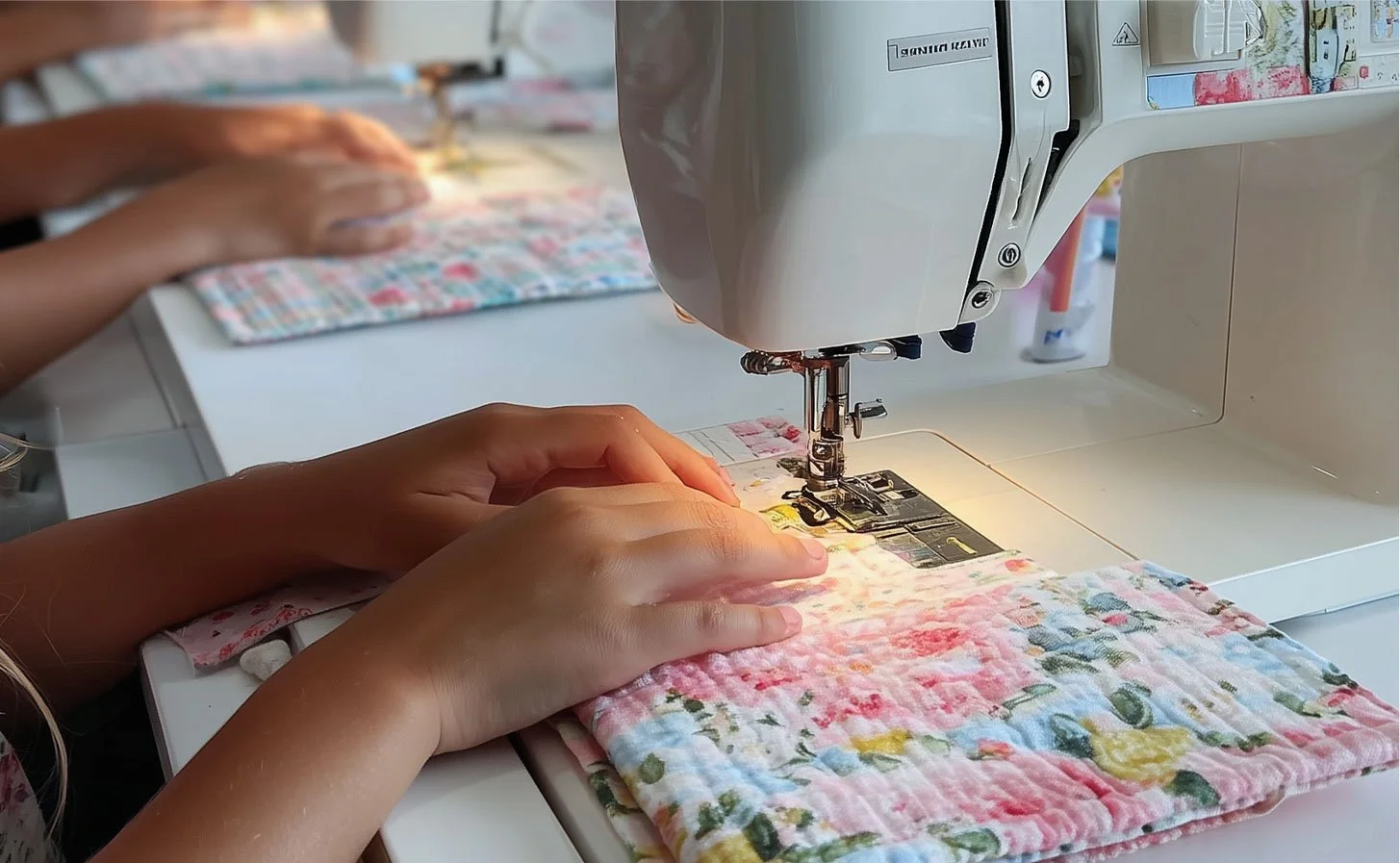 Close-up of a person's hands guiding pink floral quilt fabric under a sewing machine, with other hands and fabric in the background.