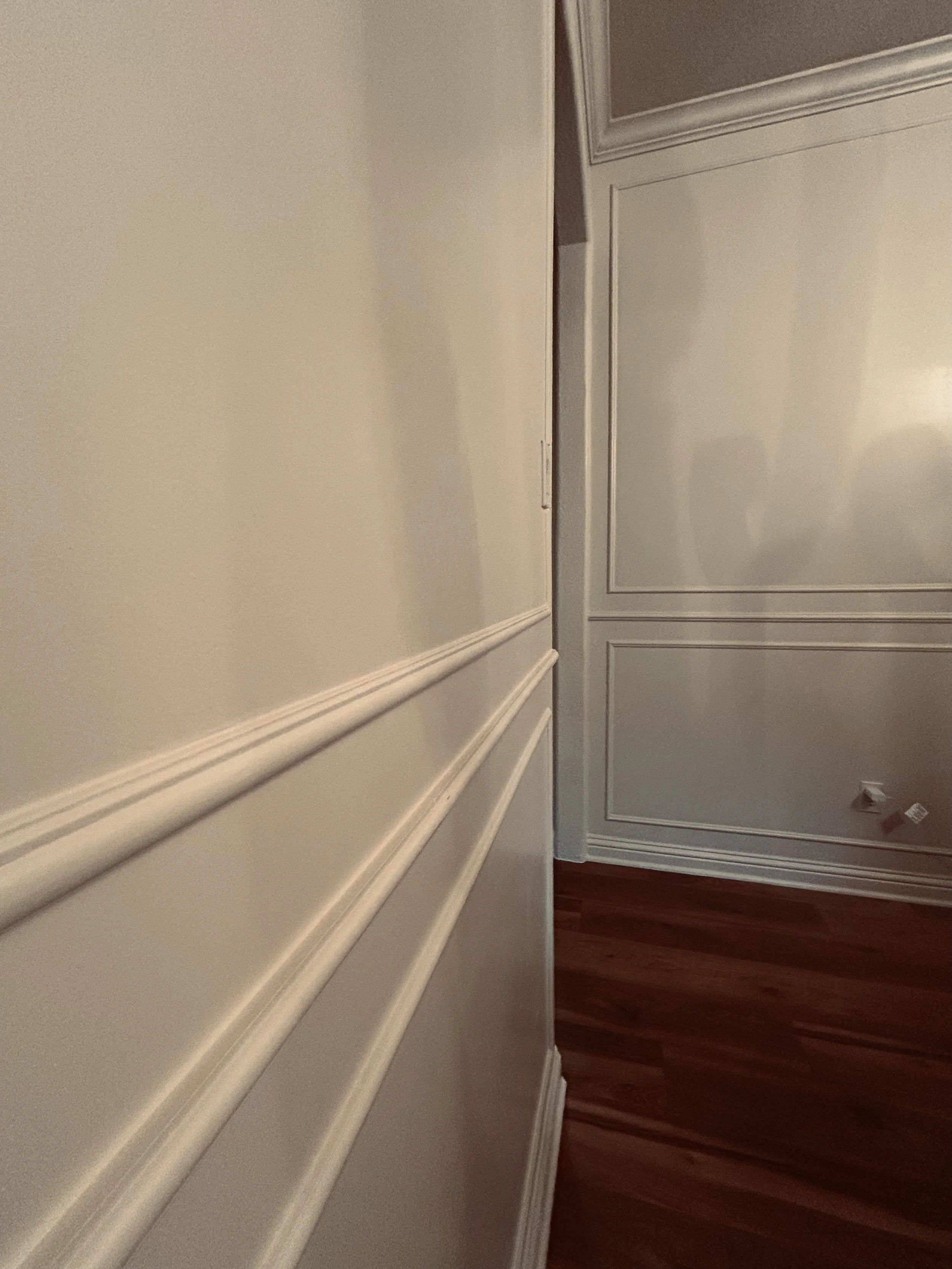 Interior corner of a room showing beige wall with decorative white molding, hardwood floor, and a white door with glass panels.