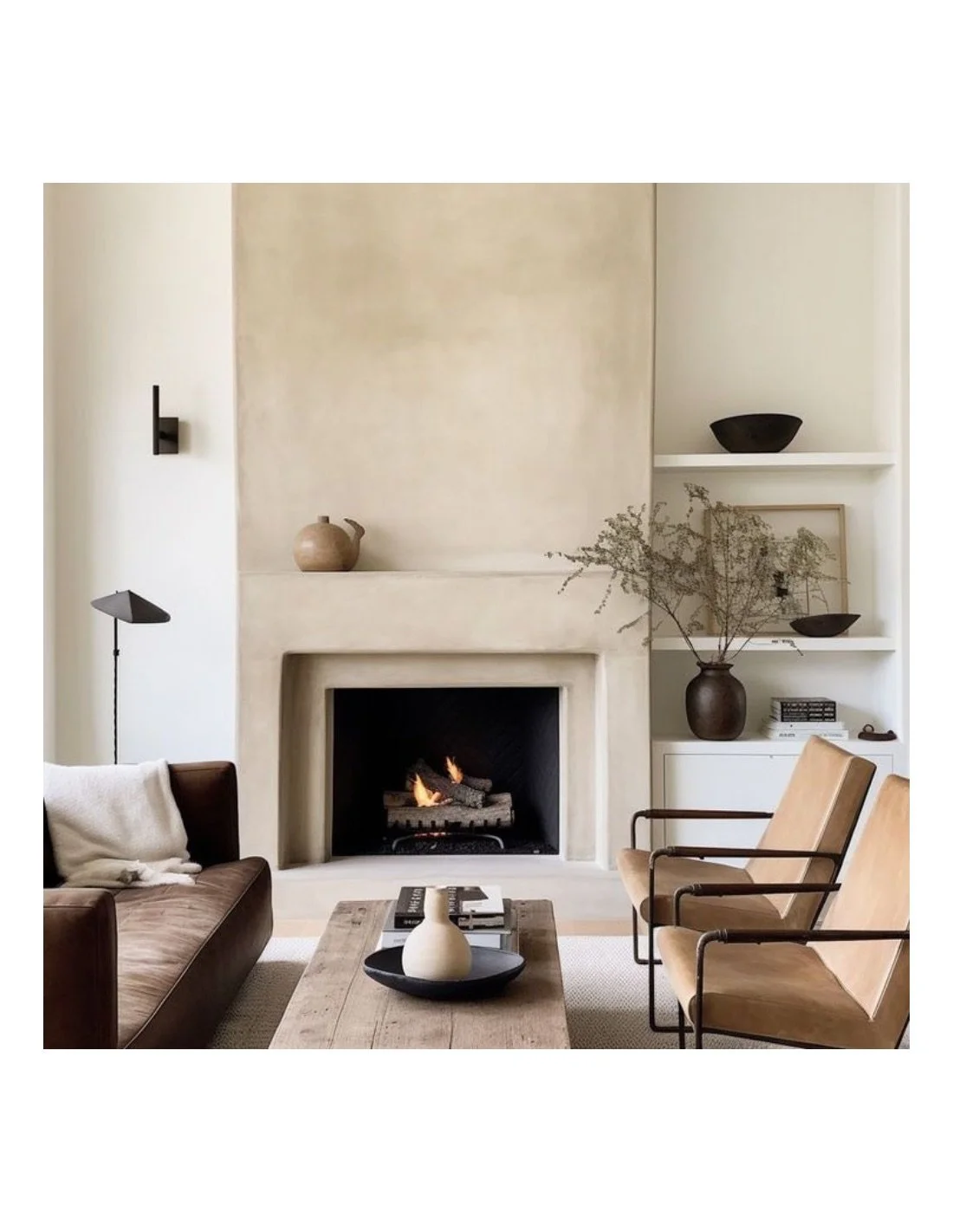 Living room with a fireplace, beige walls, and minimalist decor, including vases and books on white built-in shelves.