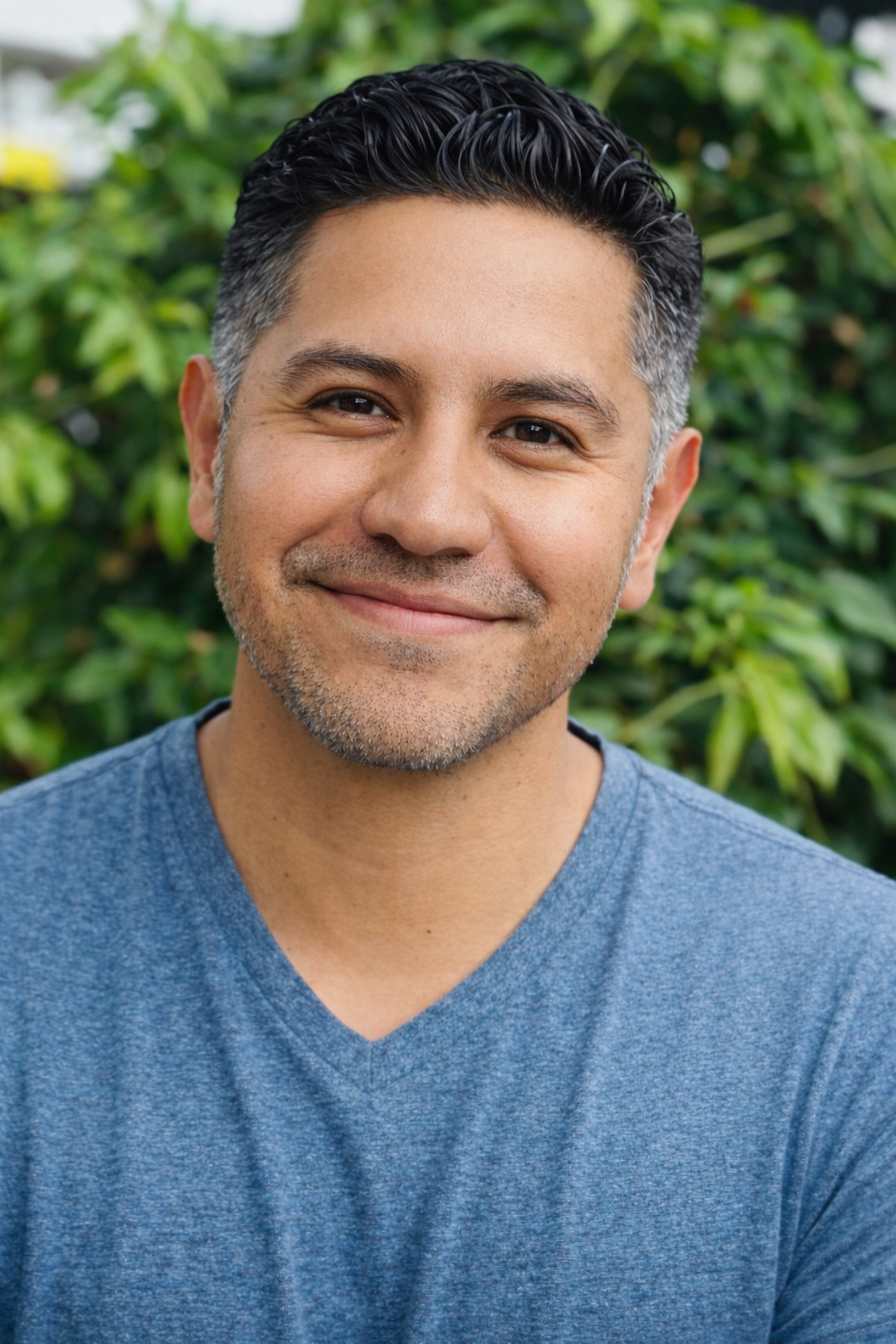 Smiling man with short, dark, wavy hair and light facial hair, wearing a blue t-shirt, outdoors with green foliage in the background.