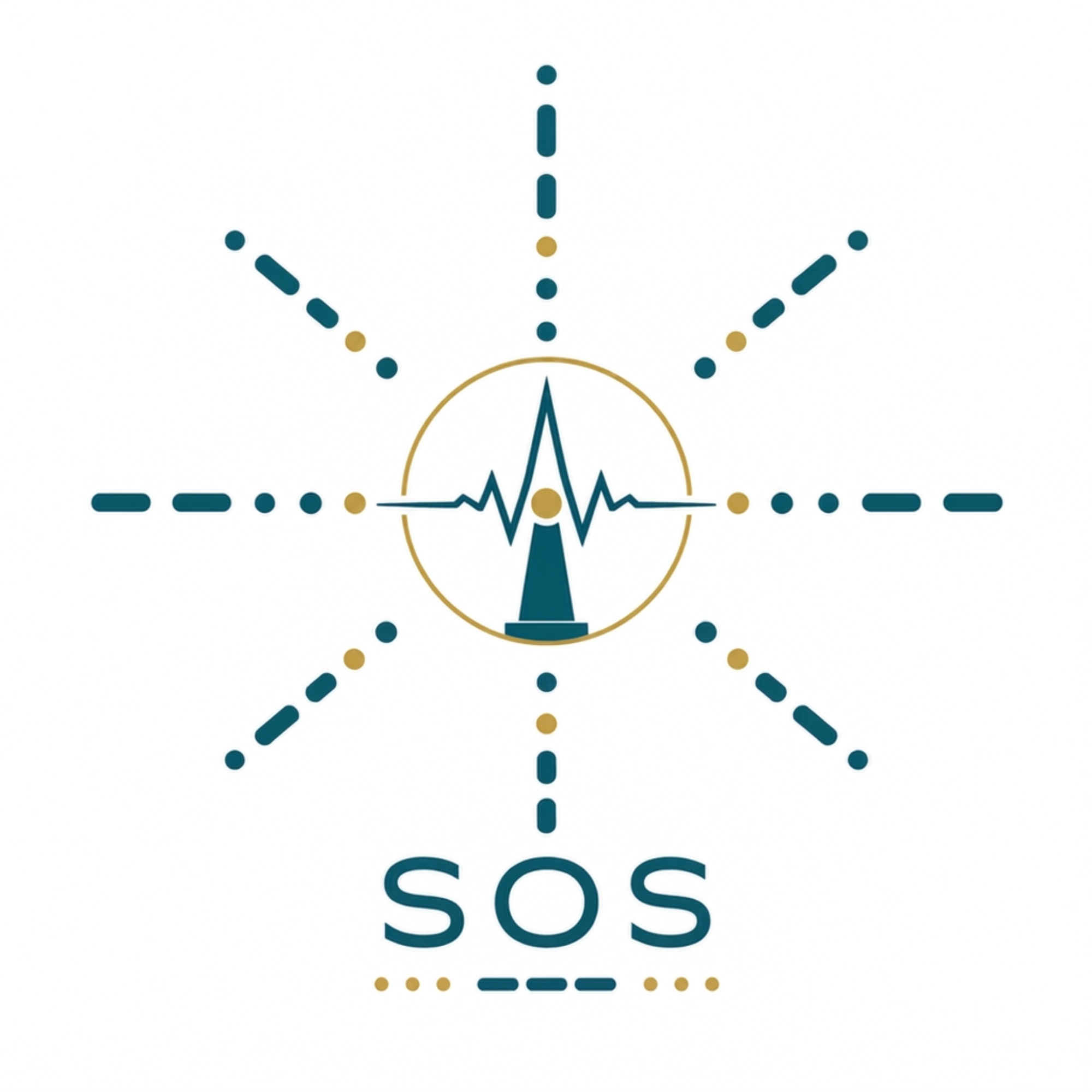 An infographic with the SOS symbol, featuring a heartbeat line inside a circle, surrounded by dotted lines and arrows pointing outward, indicating emergency or health alert information.