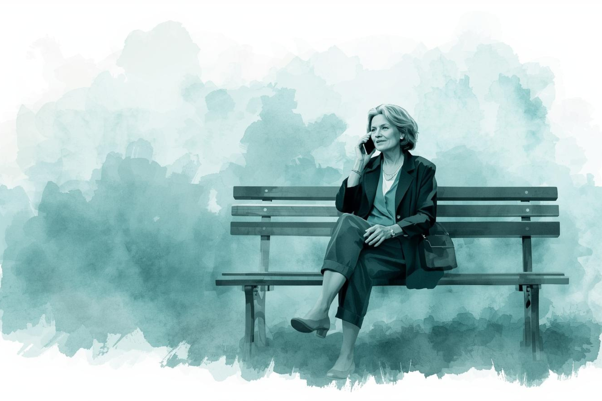 woman sitting on a park bench and talking on her mobile phone