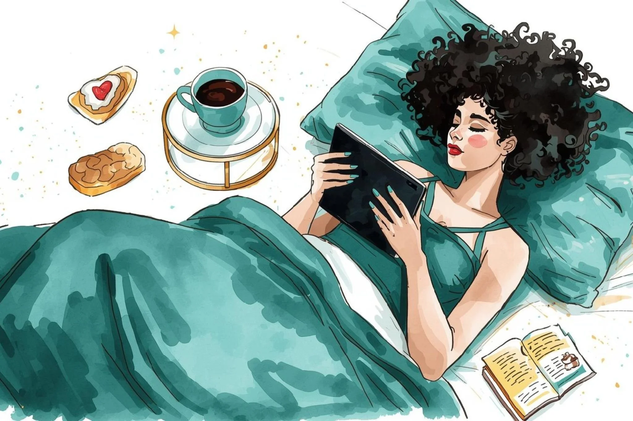 a woman reading in a bed with a teal cover, and coffee cup and toast beside her