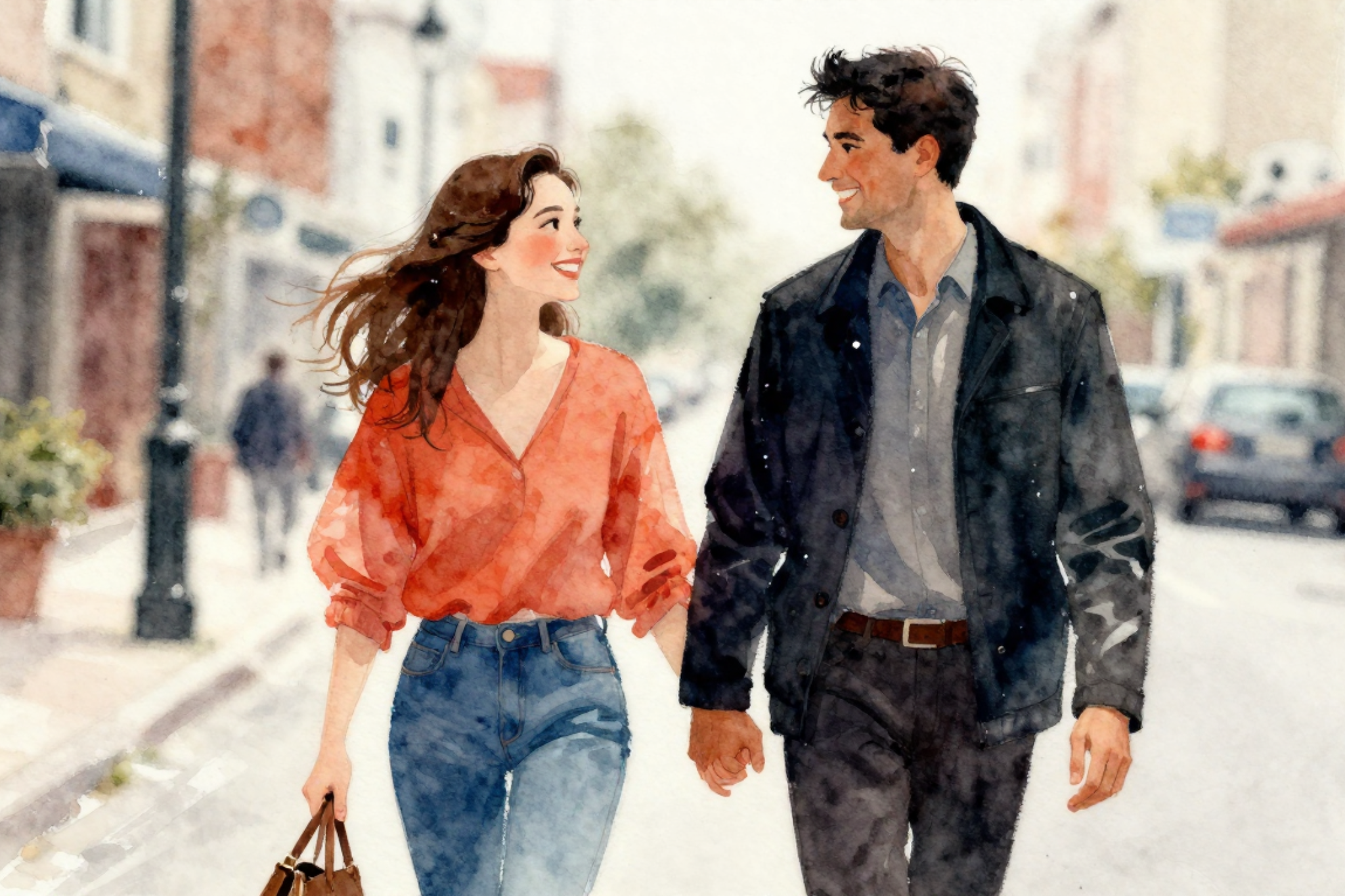 happy young couple walking down the street, the woman is wearing a red shirt and jeans and the man is wearing a stylish blue jacket