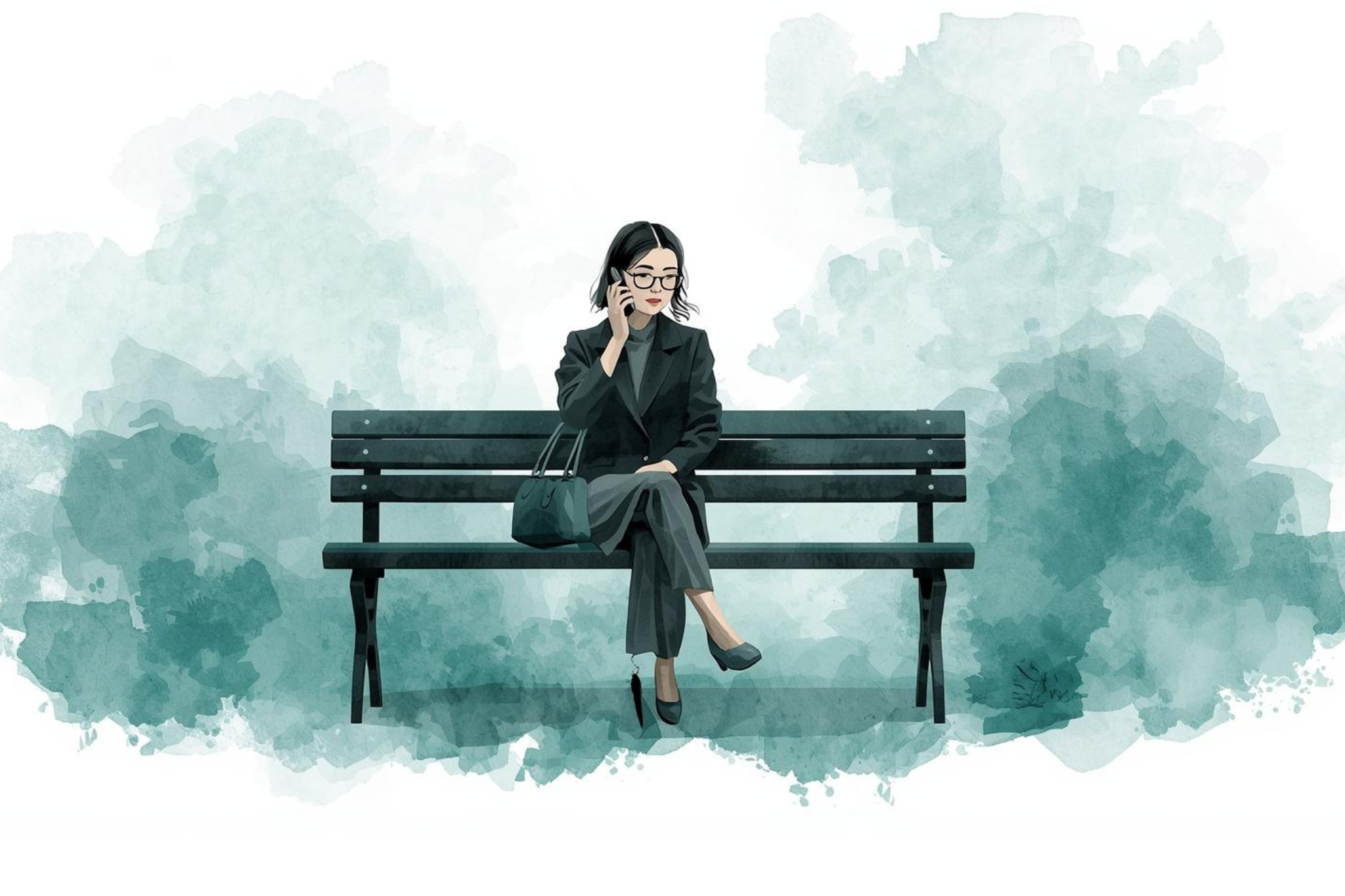 a woman sits on a park bench and talks on her mobile phone