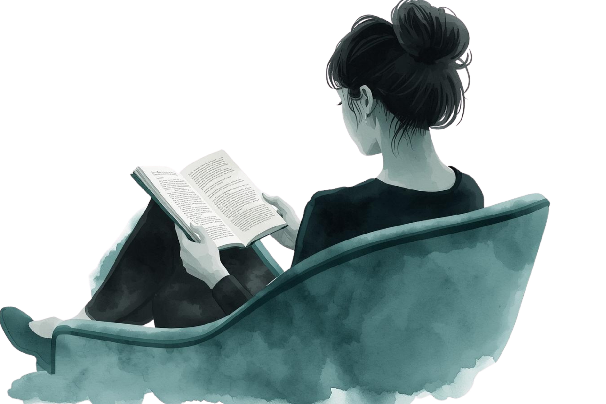 woman reading on a teal chair