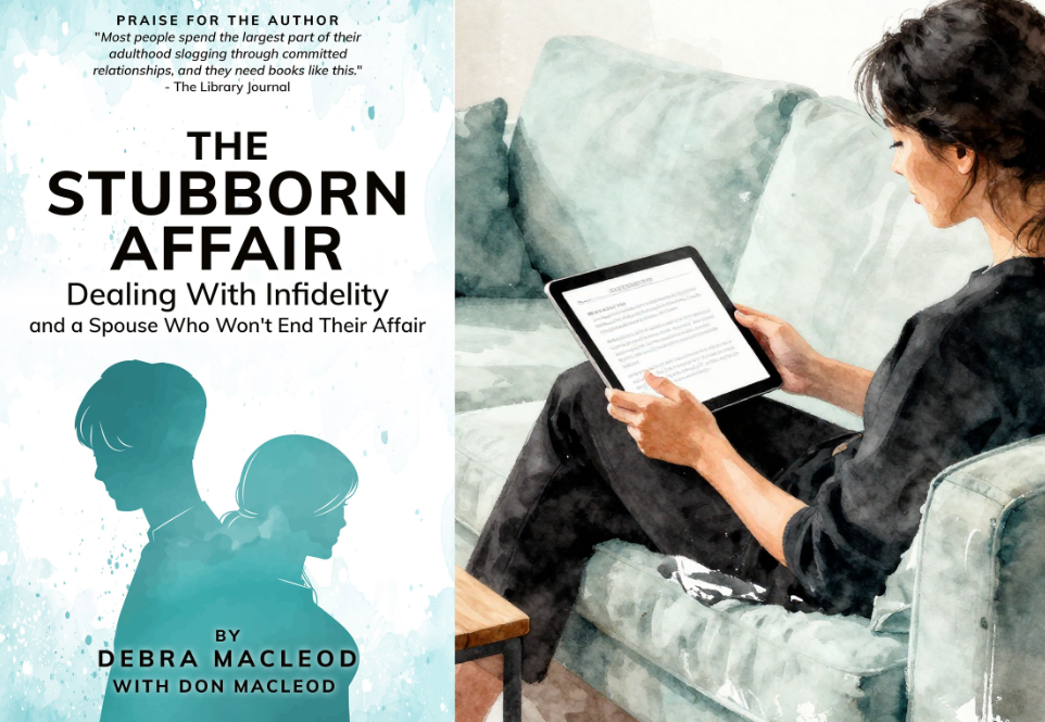 book cover with teal silhouettes of a man and woman. Beside it, a woman reads a tablet