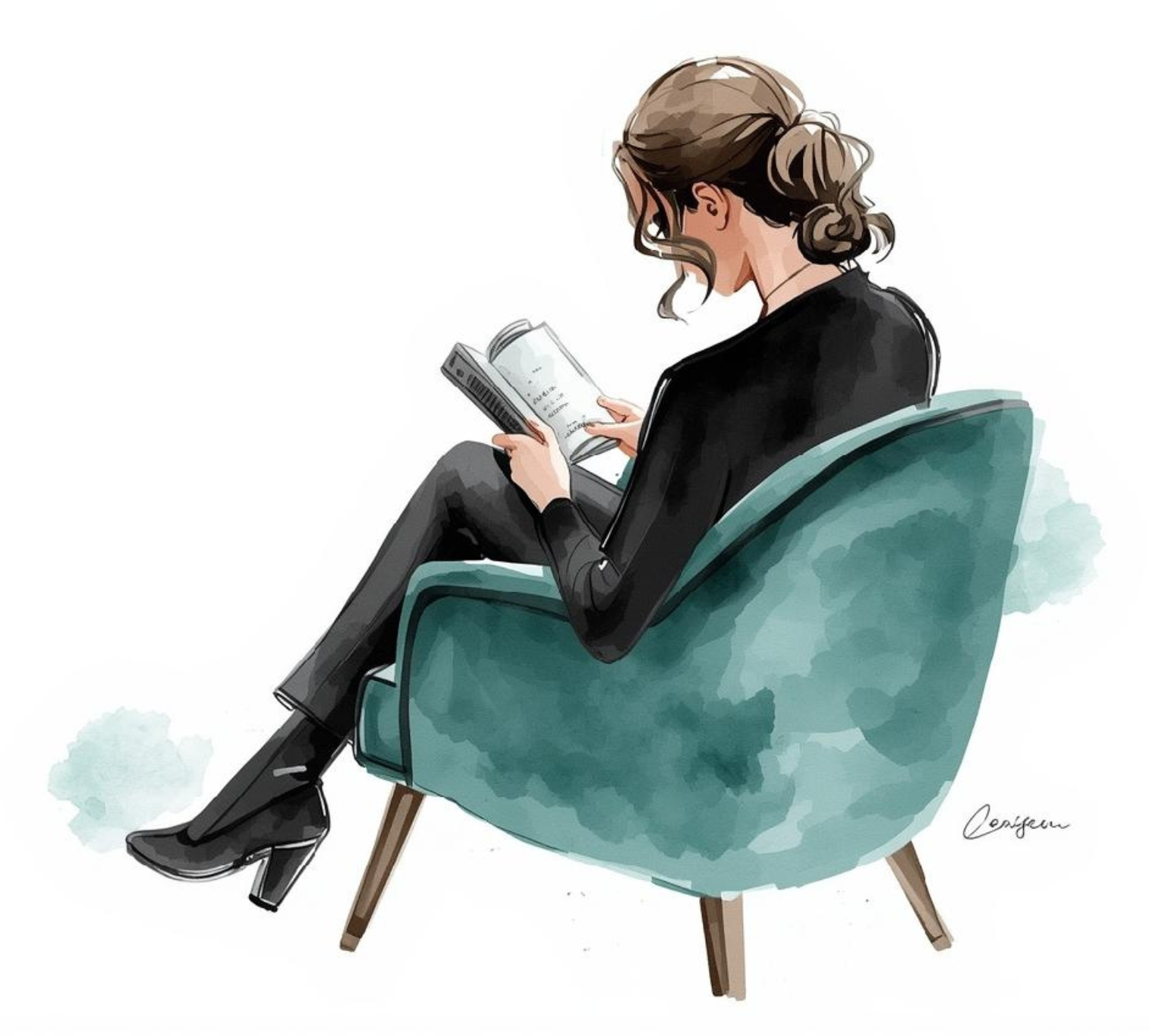 woman reading in a teal chair