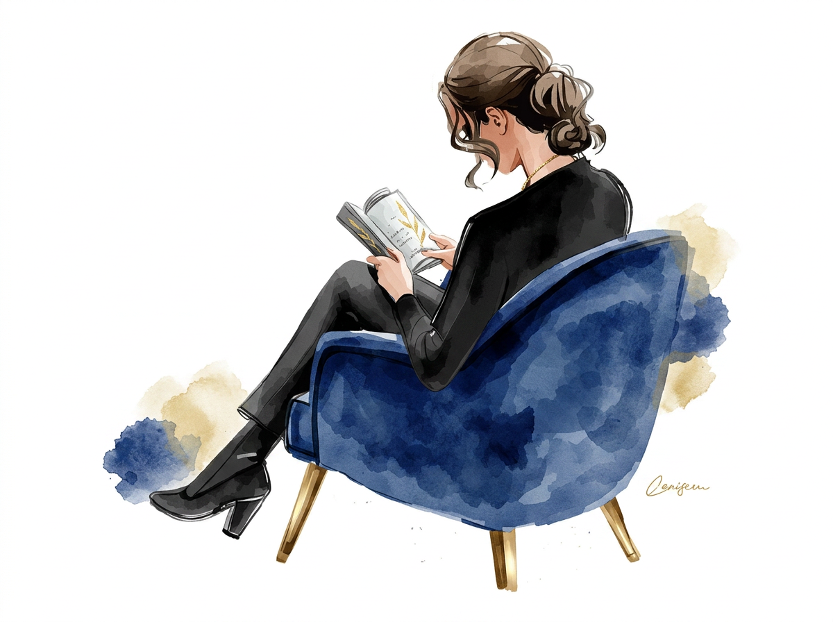 A woman with brown hair in a bun, wearing a black outfit, sitting in a blue armchair with gold legs, reading a book.